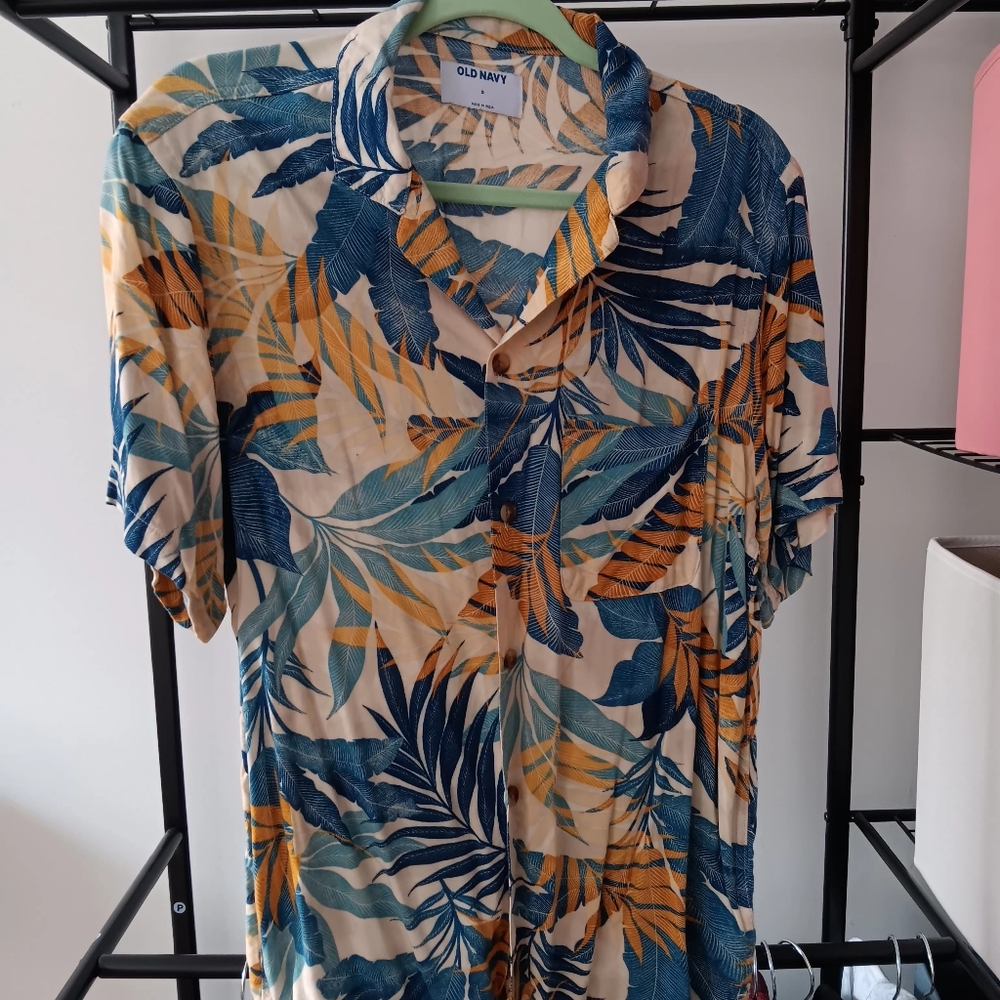 Old Navy Tropical Print Casual Button Down Shirt - Blue, Yellow, Cream